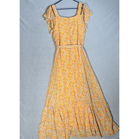 Maison Tara Womens Size 14 Cold Shoulder Maxi Dress Chiffon Yellow Belted Ruffle - Picture 10 of 12